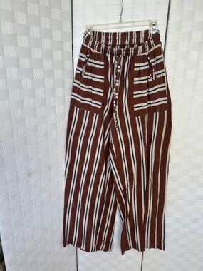 Free-est Striped Wide-Leg Drawstring Pants in Brown